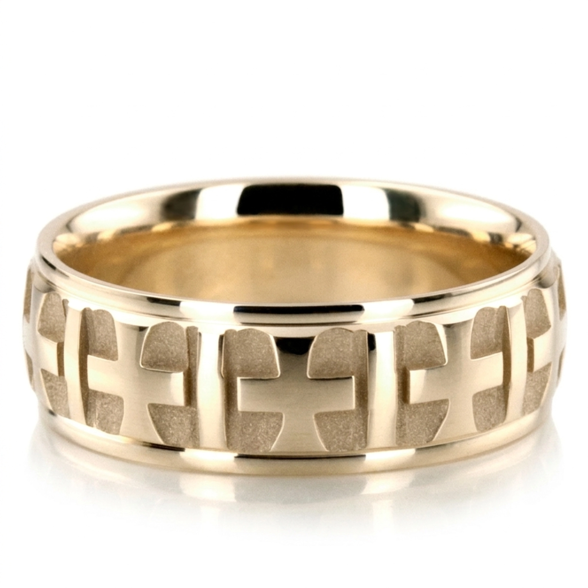10K yellow gold 7mm. high polish basic-carved-religious-wedding-ring - alternate view 3