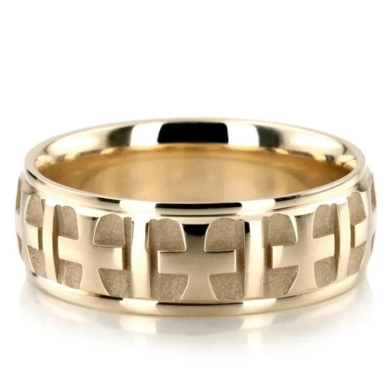 10K yellow gold 7mm. high polish basic-carved-religious-wedding-ring - alternate view 3