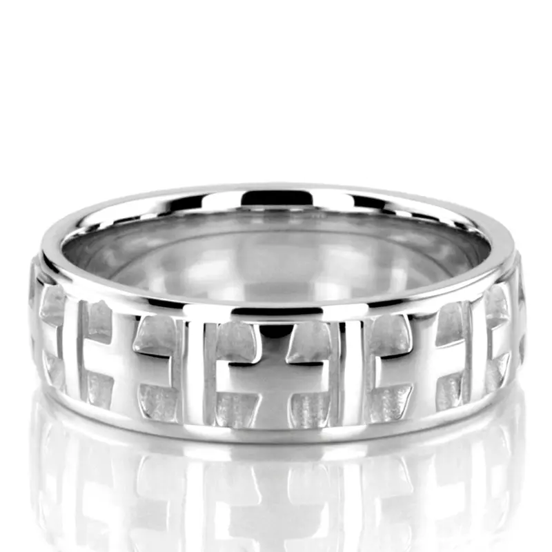 10K white gold 7mm. high polish basic-carved-religious-wedding-ring - main view