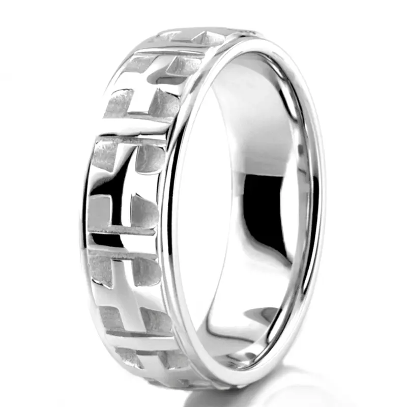 10K white gold 7mm. high polish basic-carved-religious-wedding-ring - alternate view 4