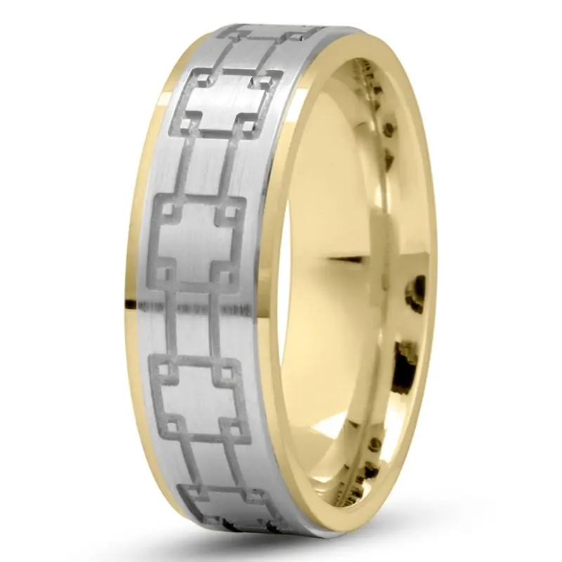 10K yellow-white-yellow gold 7mm. satin cross-pattern-wedding-band - main view