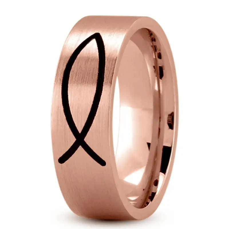 10K pink gold 7mm. satin Flat-Ichthus-Jesus-Fish-Wedding-Band - main view