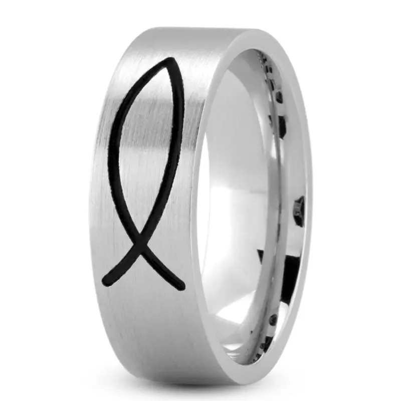 10K white gold 7mm. satin Flat-Ichthus-Jesus-Fish-Wedding-Band - alternate view 2