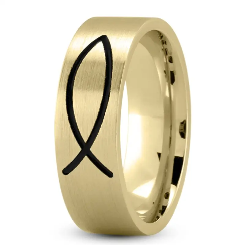 10K yellow gold 7mm. satin Flat-Ichthus-Jesus-Fish-Wedding-Band - alternate view 3