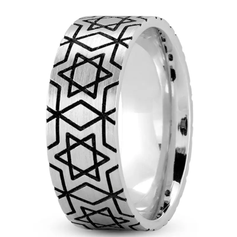14K white gold 8mm. satin Davids-Star-Religious-Wedding-Ring - alternate view 2