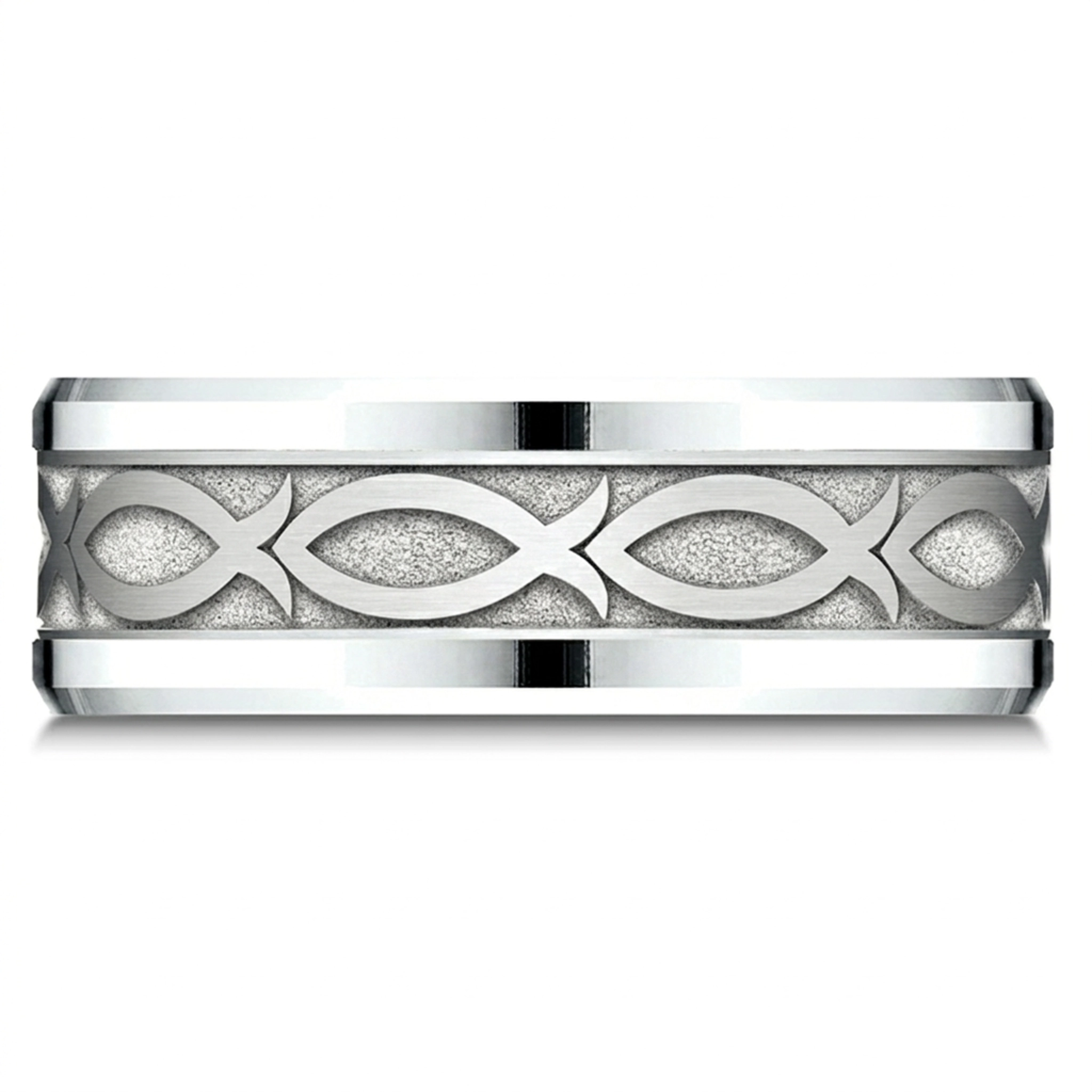 platinum 8mm. same as picture Benchmark-8mm-Drop-Bevel-Ichthys-Design-Band - main view