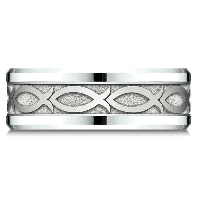 14K white gold 8mm. same as picture Benchmark-8mm-Drop-Bevel-Ichthys-Design-Band - alternate view 4