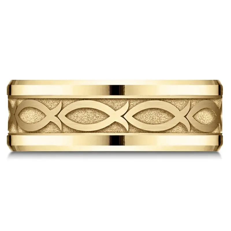 14K yellow gold 8mm. same as picture Benchmark-8mm-Drop-Bevel-Ichthys-Design-Band - alternate view 5