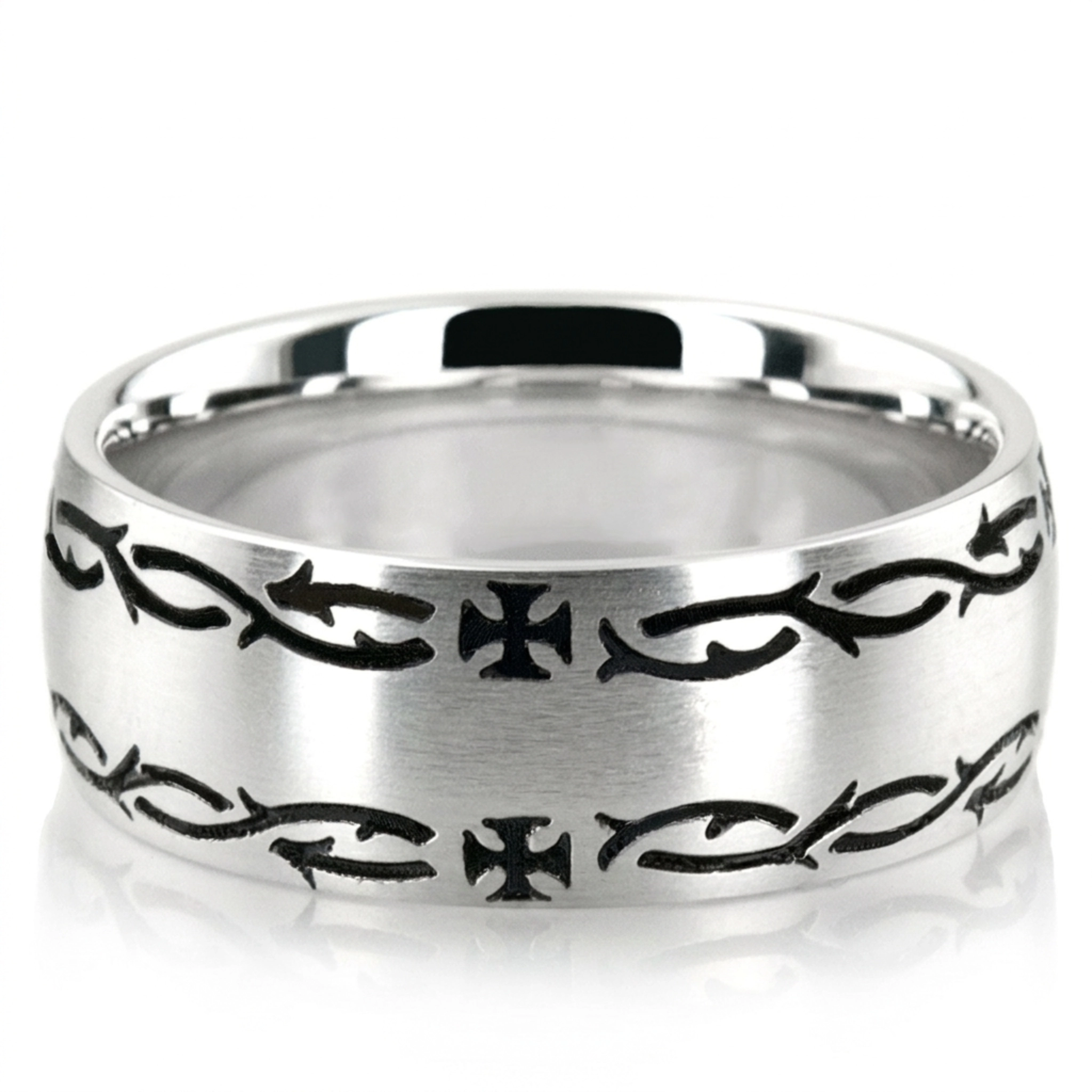 10K white gold 8mm. satin Crown-Of-Thorns-Wedding-Band - main view