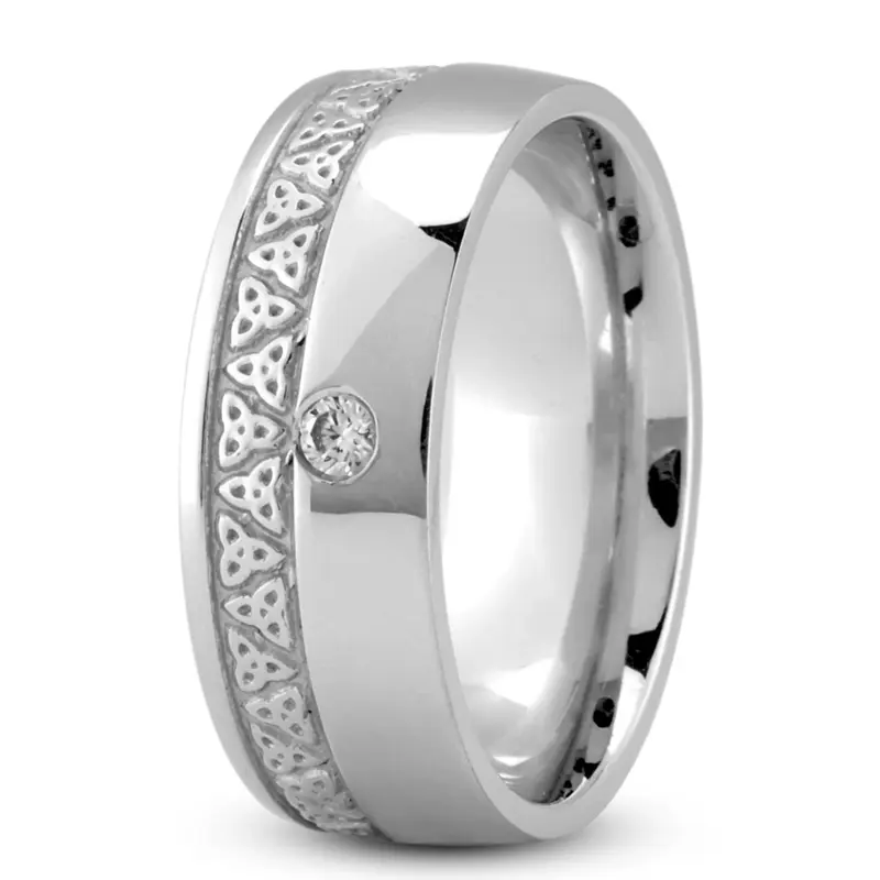 10K white gold 8mm. high polish Dome-Triquetra-Diamond-Wedding-Band - main view