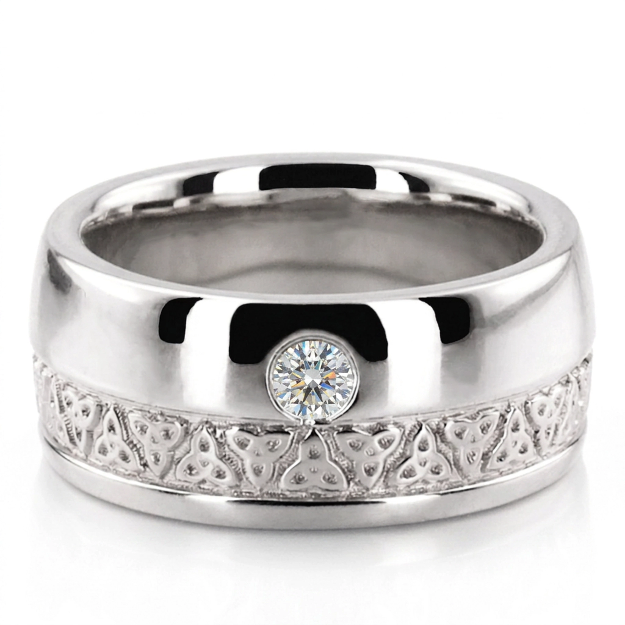 10K white gold 8mm. high polish Dome-Triquetra-Diamond-Wedding-Band - alternate view 5