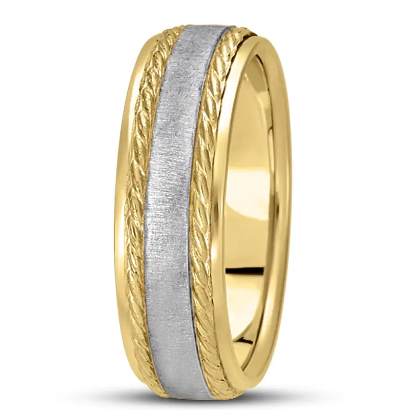 10K yellow-white-yellow gold 7mm. cross satin basic-carved-wedding-bands - alternate view 6