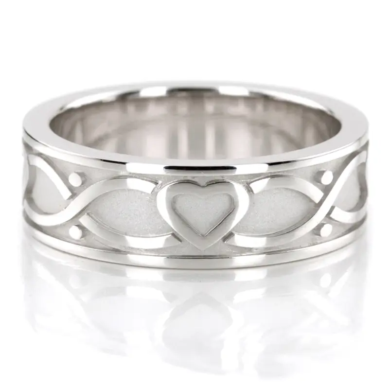 10K white gold 7mm. high polish 7-mm-hearts-design-gold-men's-wedding-band - main view