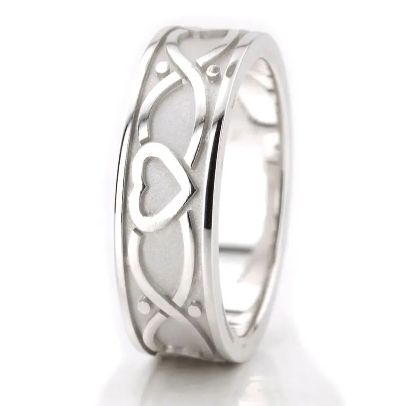 10K white gold 7mm. high polish 7-mm-hearts-design-gold-men's-wedding-band - alternate view 4