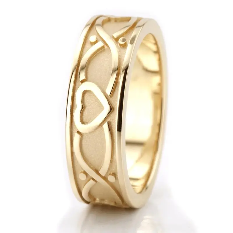 10K yellow gold 7mm. high polish 7-mm-hearts-design-gold-men's-wedding-band - alternate view 5