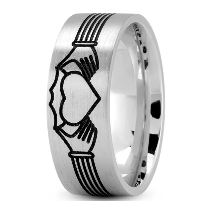 14K white gold 8mm. satin Black-Nano-Celtic-Claddagh-Wedding-Band - main view