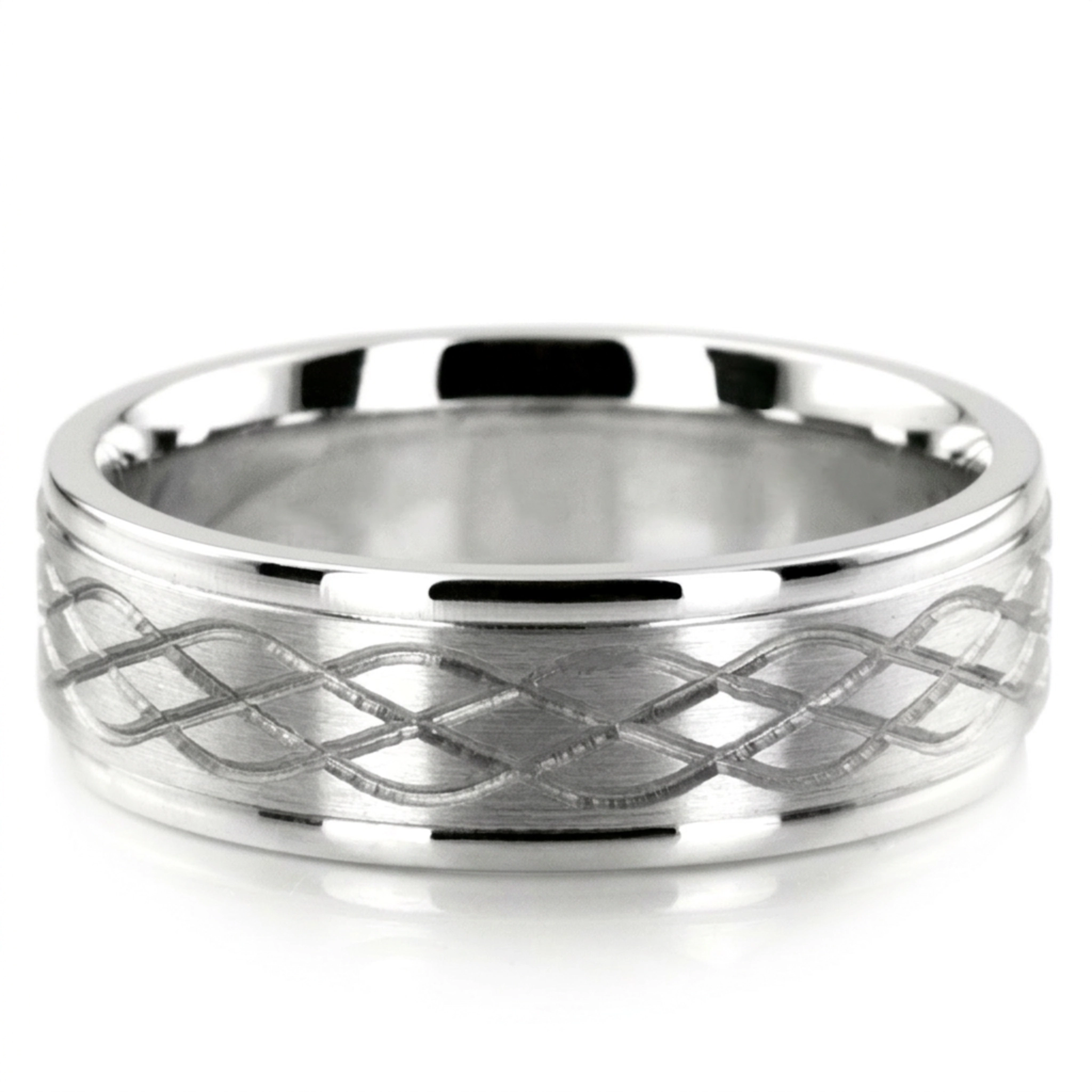 10K white gold 7mm. satin Celtic-Knot-Cut-Wedding-Band - main view