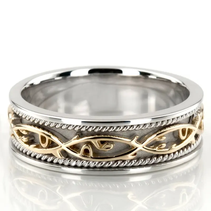 10K white-yellow-white gold 7mm. high polish hand-made-celtic-wedding-band - main view