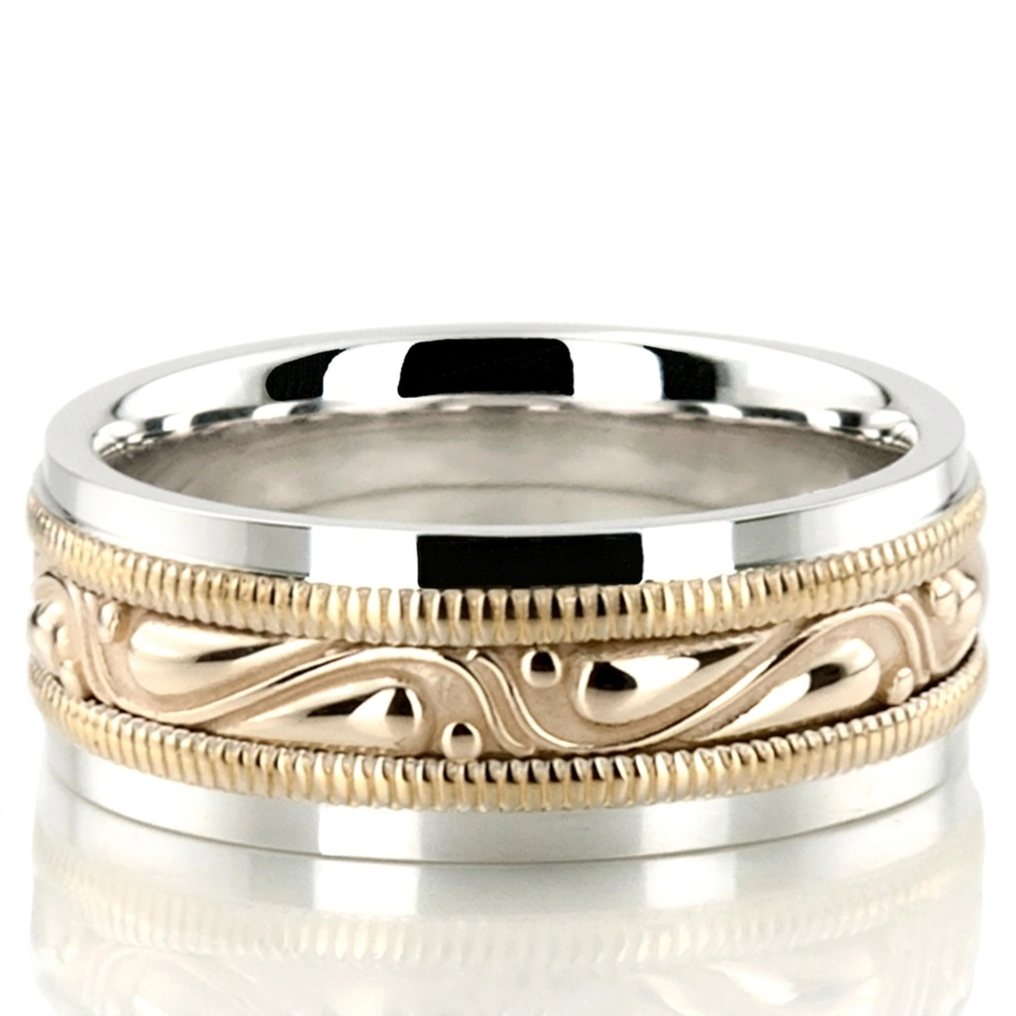 14K white-yellow-white gold 7.5mm. high polish hand-made-celtic-wedding-band - alternate view 2