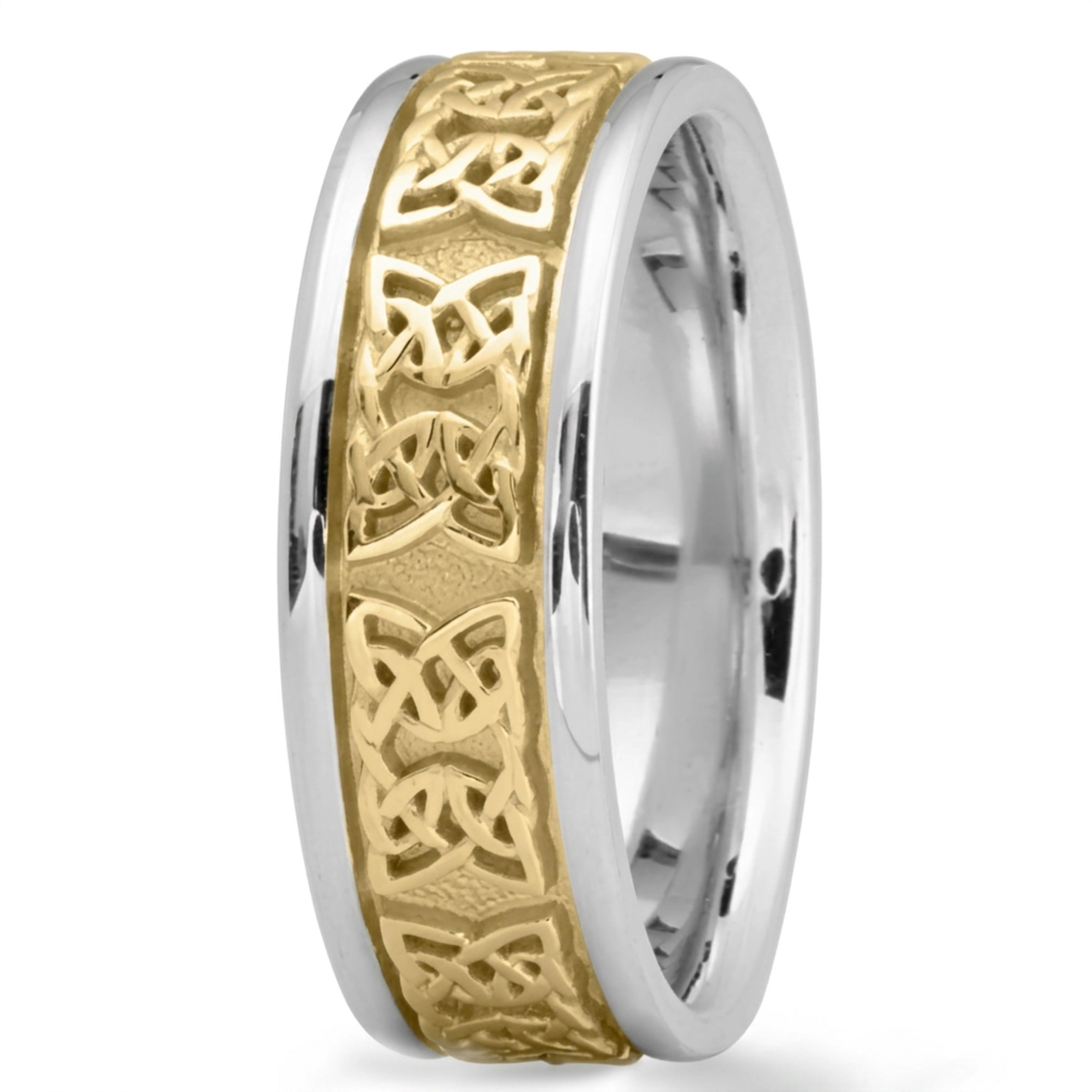 10K white-yellow-white gold 7mm. high polish Knot-Motif-Handcrafted-Wedding-Ring - main view