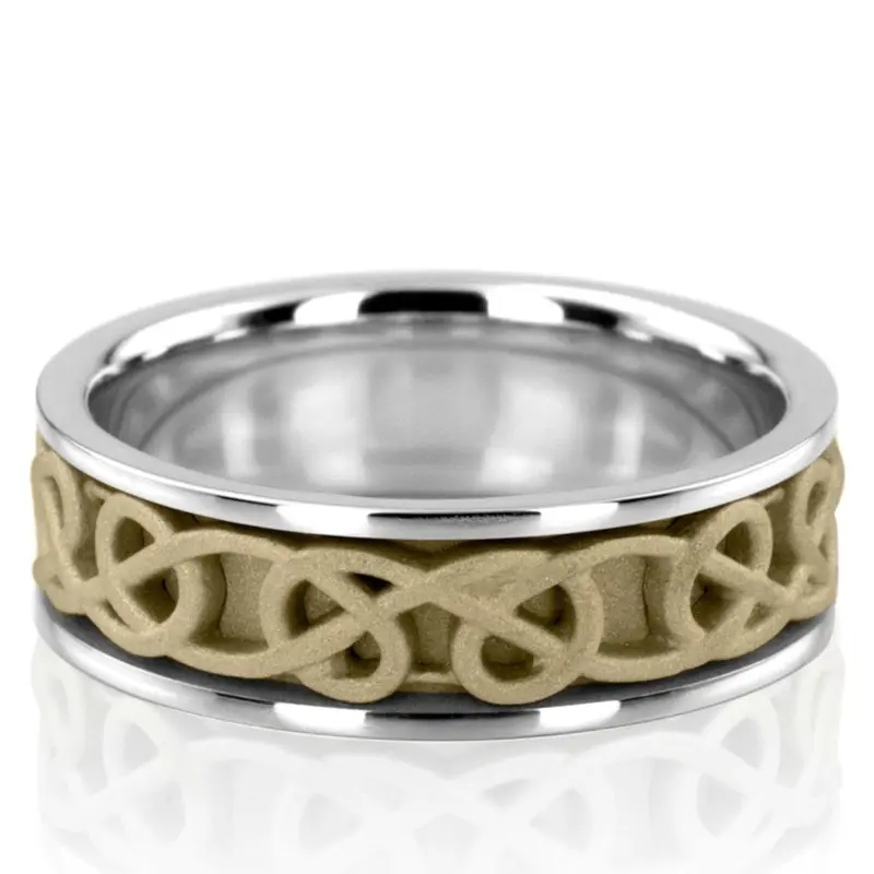 10K white-yellow-white gold 7mm. sand blast hand-made-celtic-wedding-band - main view