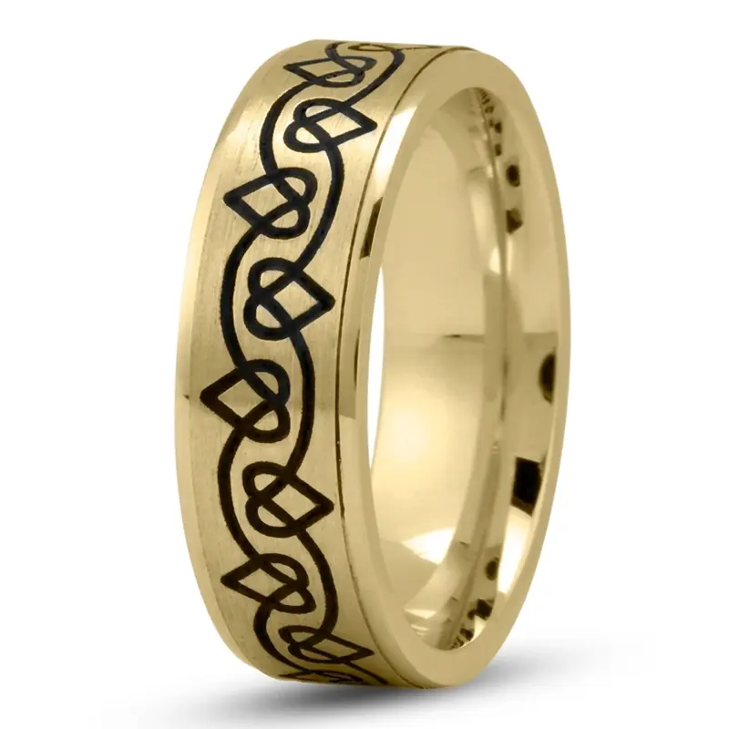 14K yellow gold 7mm. satin heart-design-wedding-band - main view