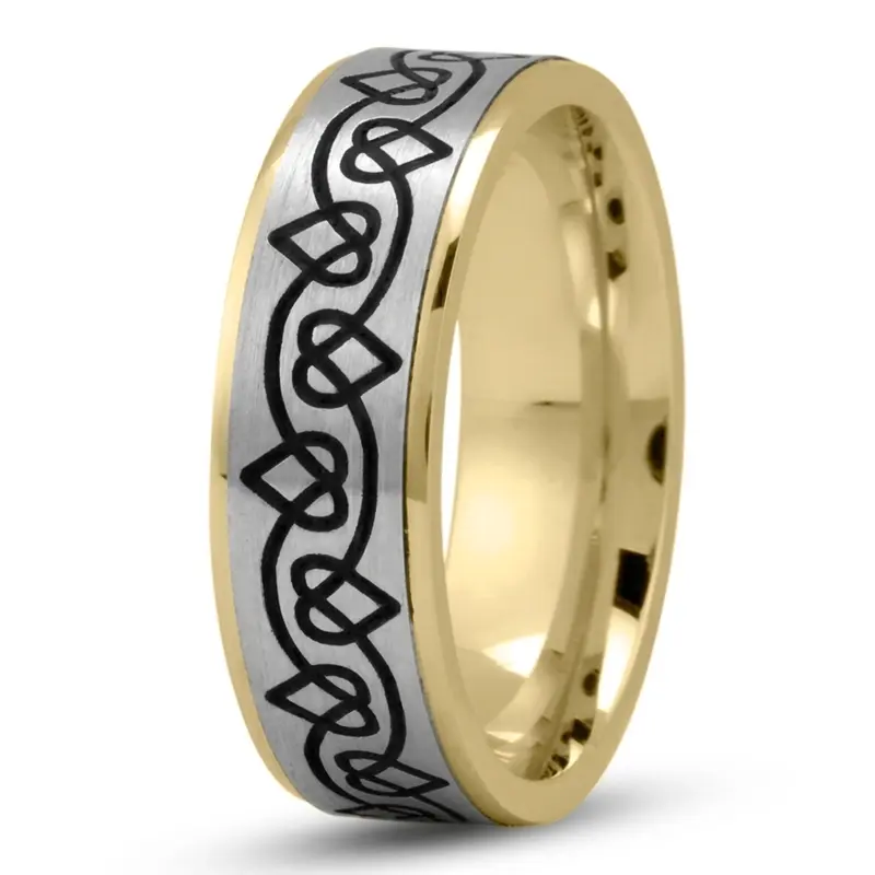 14K yellow-white-yellow gold 7mm. satin heart-design-wedding-band - alternate view 3