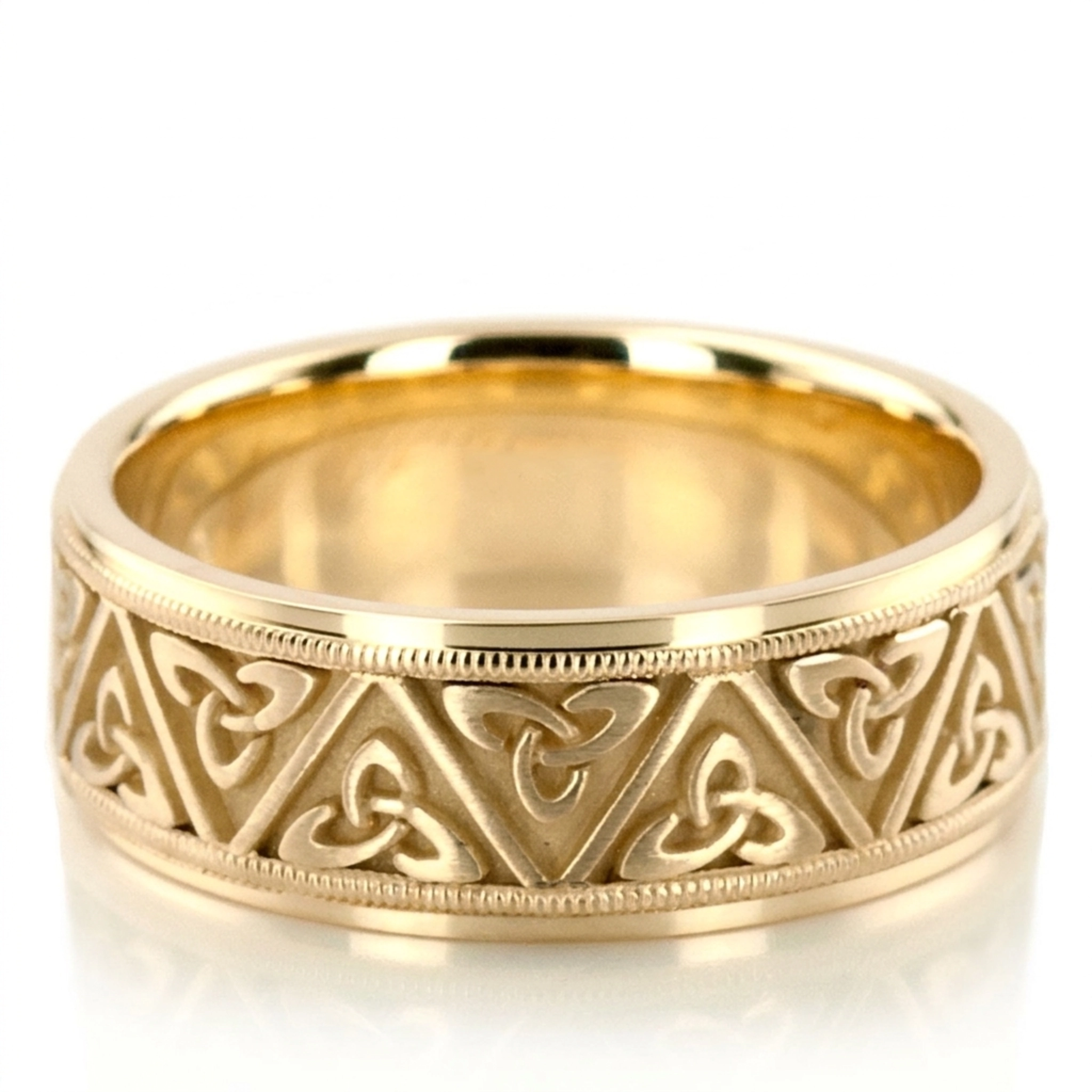 10K yellow gold 8mm. satin Celtic-Triquetra-Hand-Crafted-Wedding-Band - main view