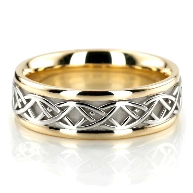 10K yellow-white-yellow gold 7mm. high polish hand-made-celtic-wedding-band - alternate view 6