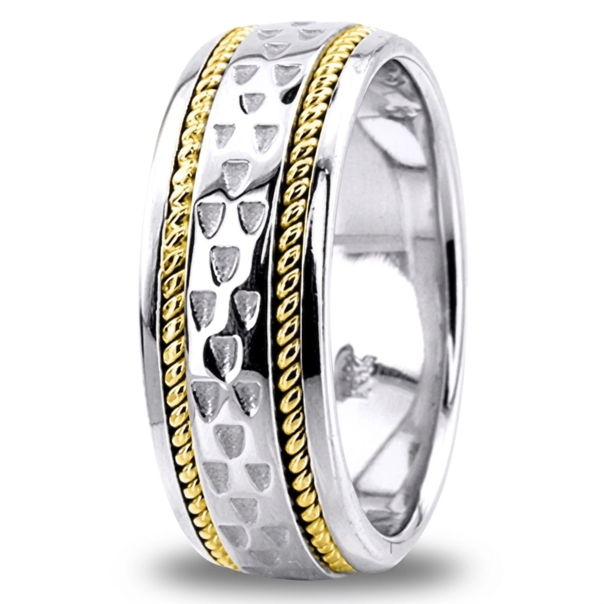 14K w-y-w-y-w gold 7.5mm. high polish hand-made-celtic-wedding-band - alternate view 6