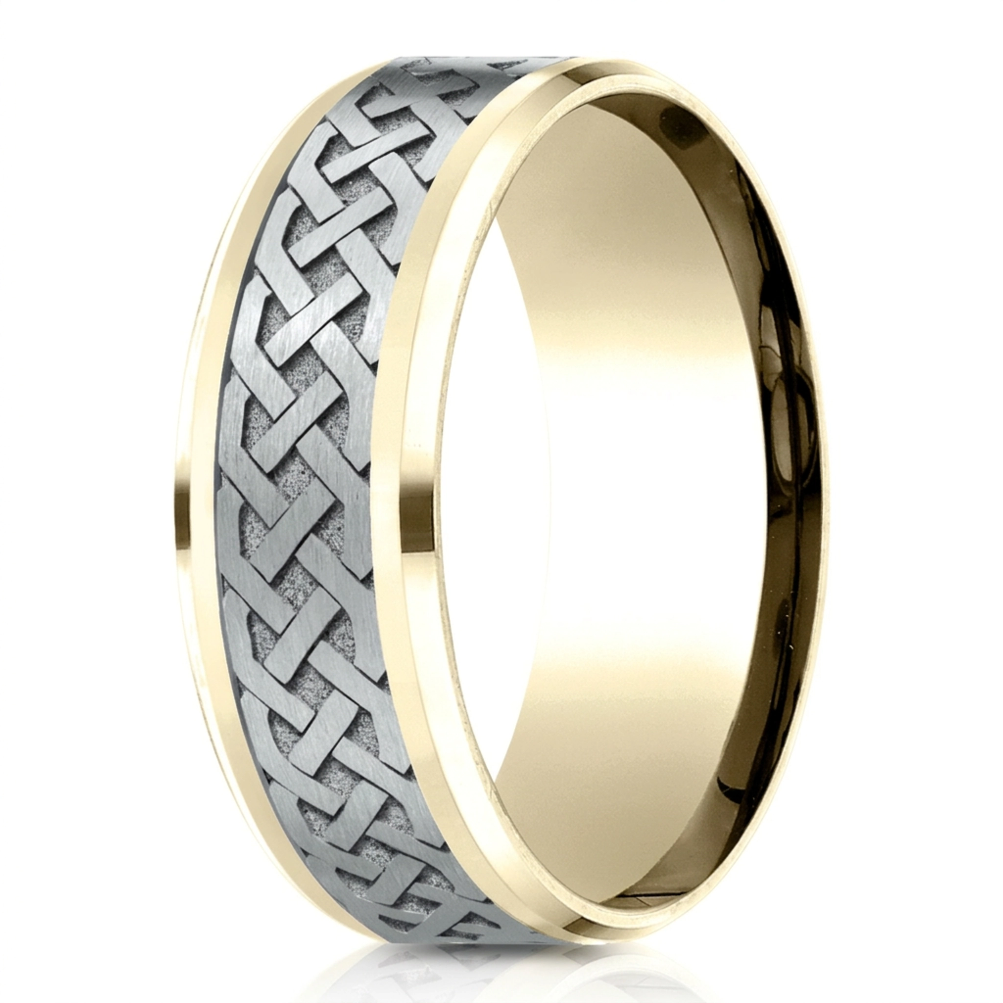 14K yellow-white-yellow gold 8mm. satin Benchmark-8mm-Comfort-Fit-Drop-Bevel-Celtic-Knot-D - alternate view 2