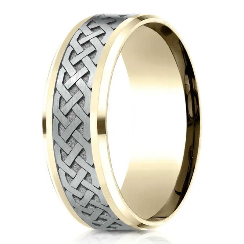 14K yellow-white-yellow gold 8mm. satin Benchmark-8mm-Comfort-Fit-Drop-Bevel-Celtic-Knot-D - alternate view 2