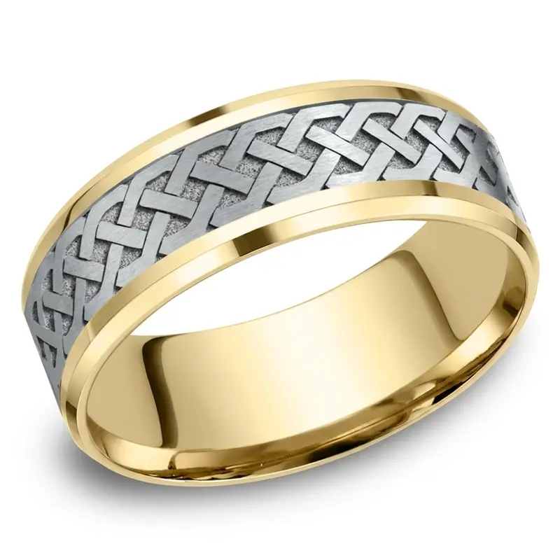 14K yellow-white-yellow gold 8mm. same as picture Benchmark-8mm-Comfort-Fit-Drop-Bevel-Celtic-Knot-D - alternate view 4