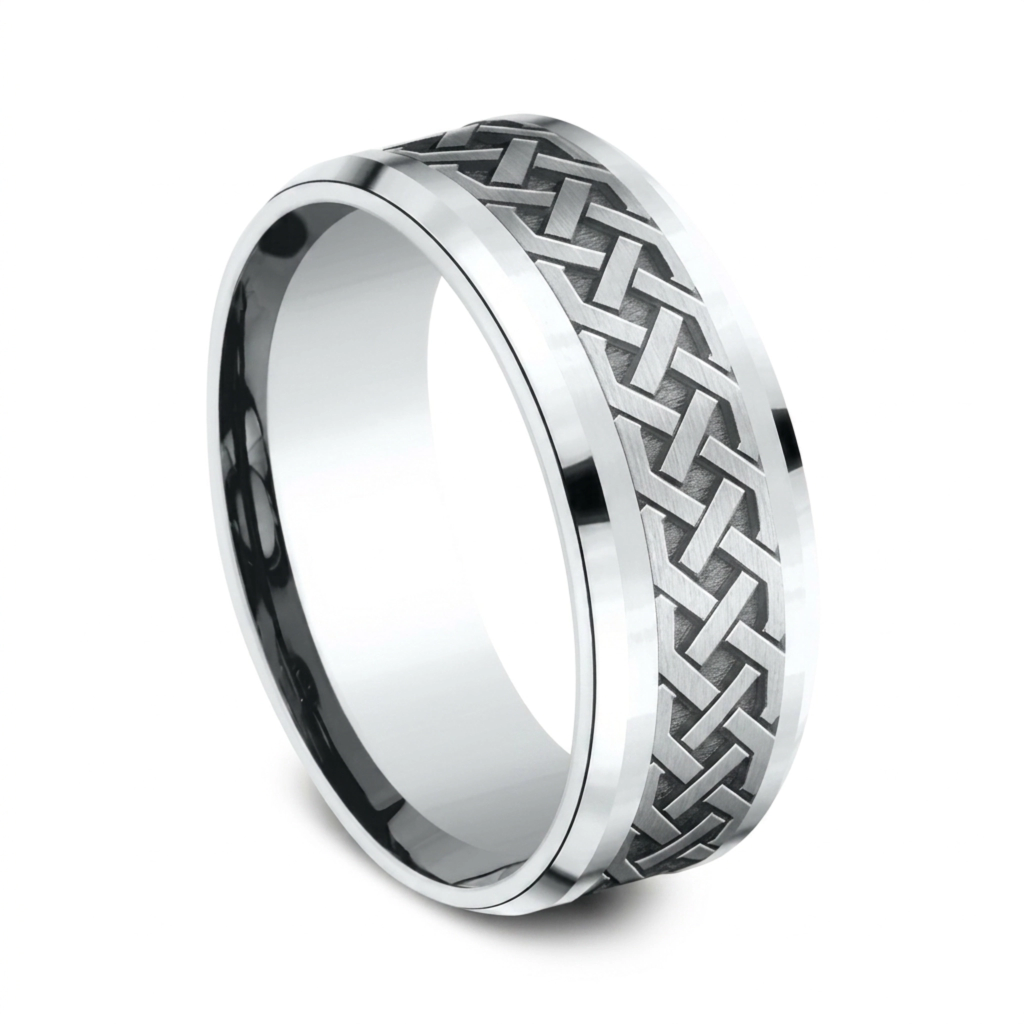 14K white gold 8mm. same as picture Benchmark-8mm-Comfort-Fit-Drop-Bevel-Celtic-Knot-D - main view