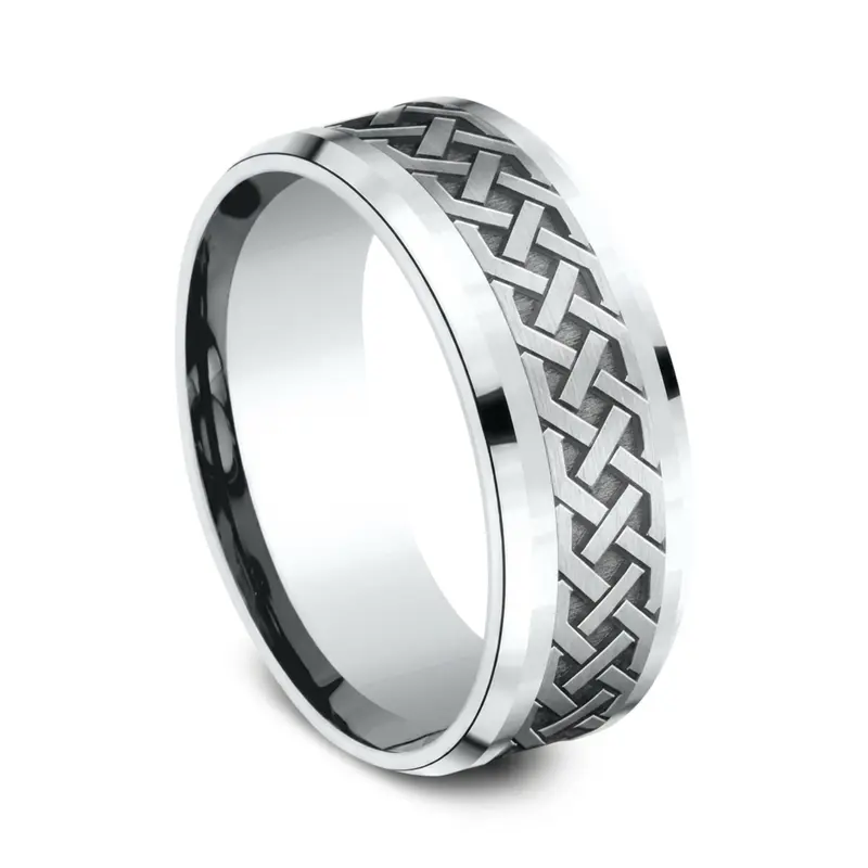 14K white gold 8mm. same as picture Benchmark-8mm-Comfort-Fit-Drop-Bevel-Celtic-Knot-D - main view
