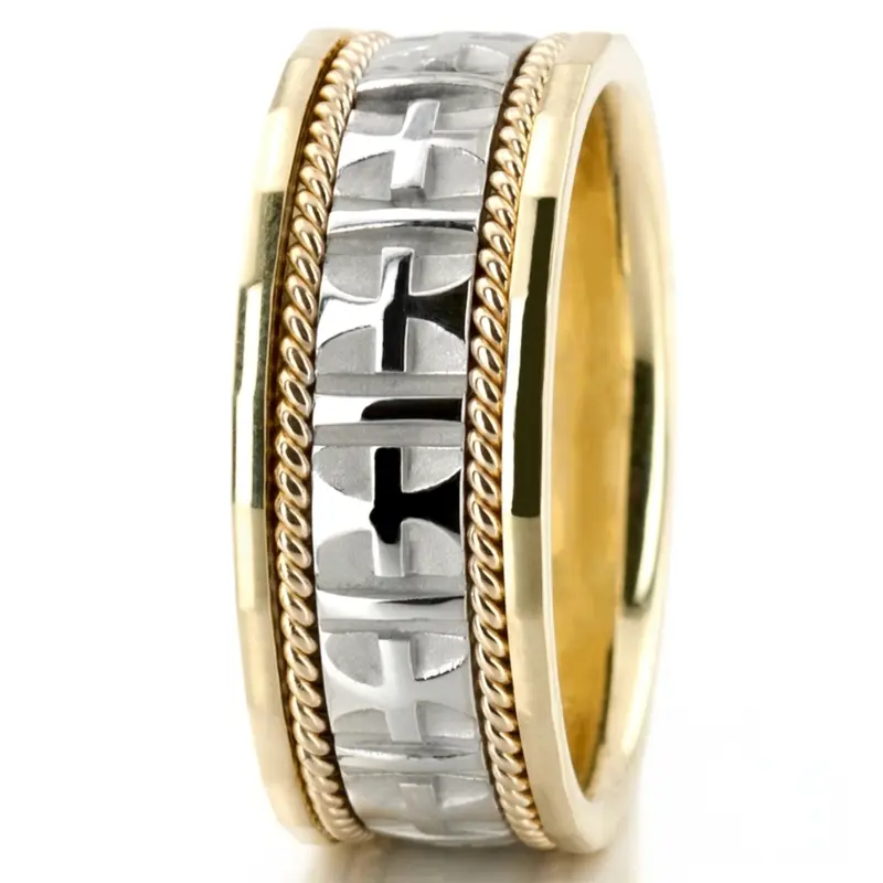 18K yellow-white-yellow gold 10mm. high polish hand-made-religious-wedding-band - alternate view 6