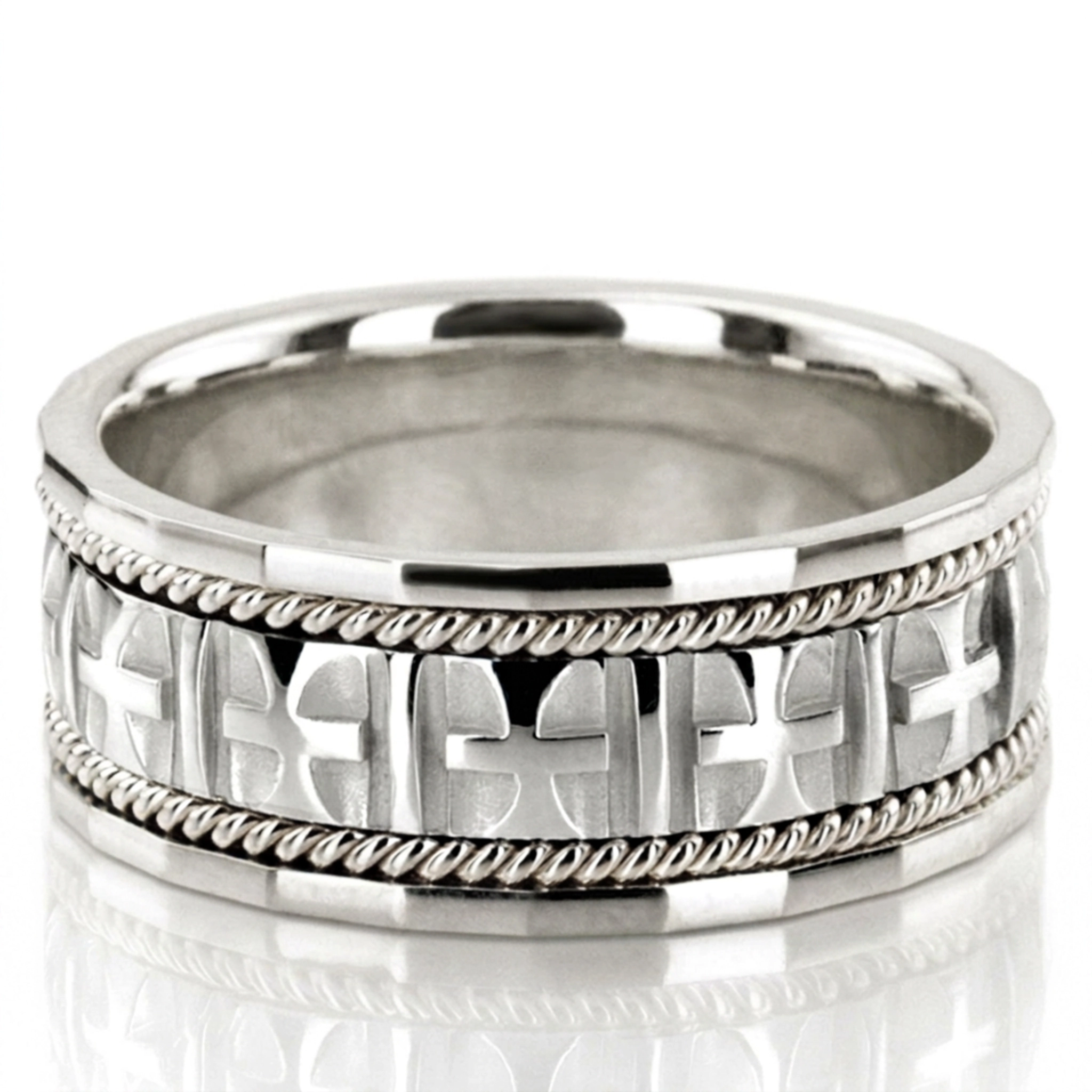10K white gold 10mm. high polish hand-made-religious-wedding-band - main view