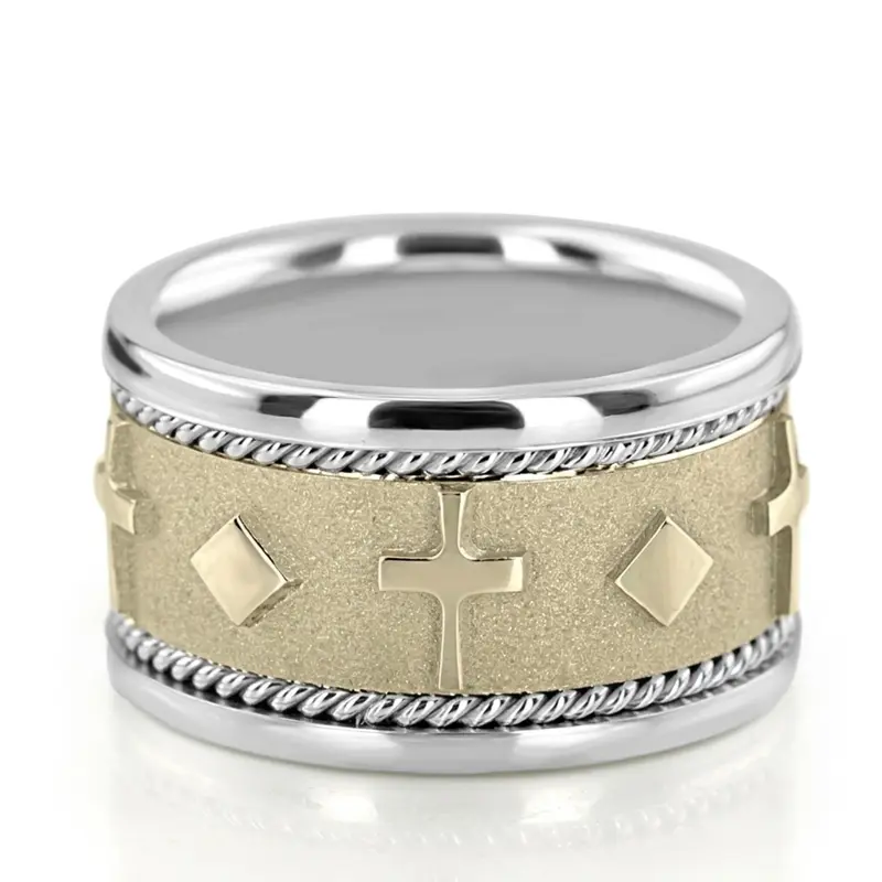 14K white-yellow-white gold 10.5mm. sand blast hand-made-religious-wedding-band - alternate view 7