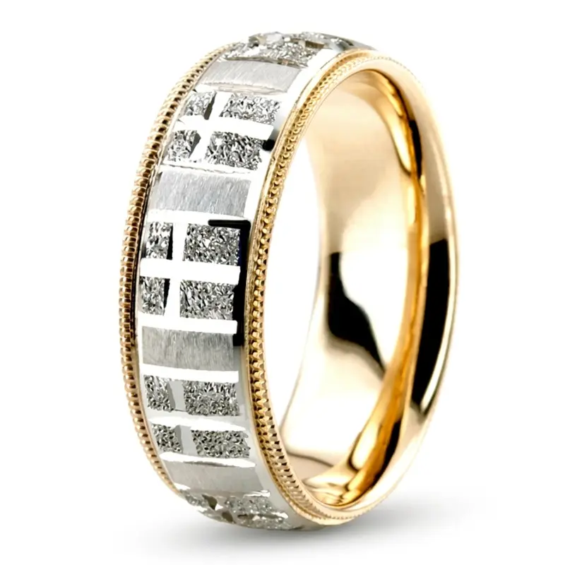 10K yellow-white-yellow gold 7mm. diamond cut basic-carved-religious-wedding-ring - alternate view 7