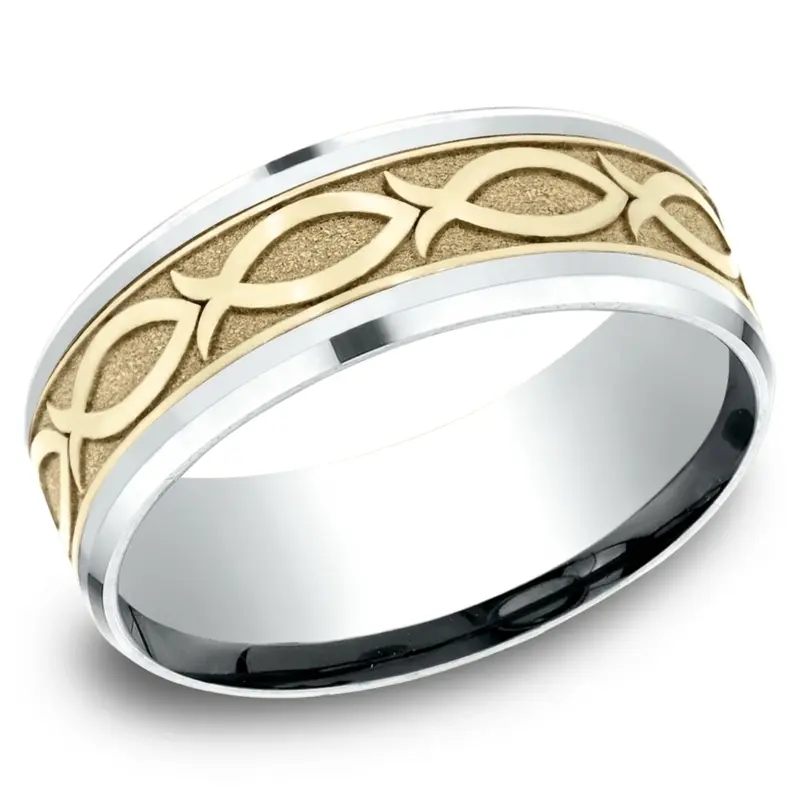 14K white-yellow-white gold 8mm. same as picture Benchmark-8mm-Drop-Bevel-Ichthys-Design-Band - alternate view 3