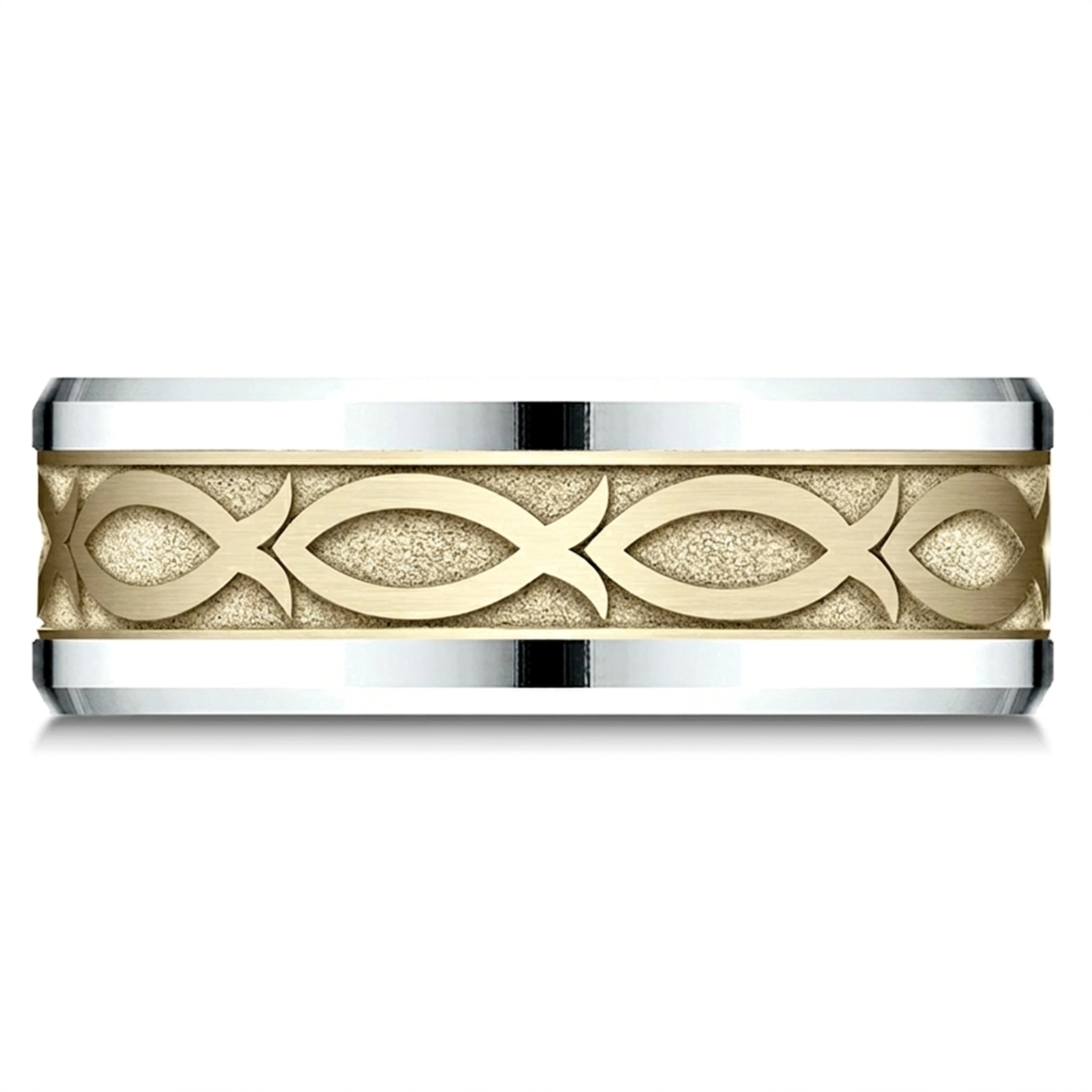 platinum 8mm. same as picture Benchmark-8mm-Drop-Bevel-Ichthys-Design-Band - alternate view 3