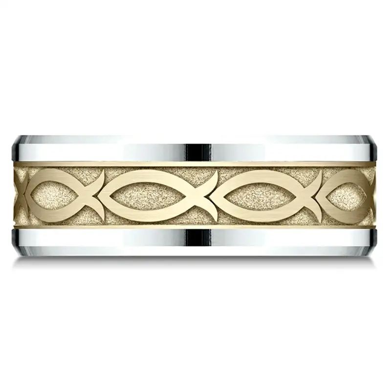 14K white-yellow-white gold 8mm. same as picture Benchmark-8mm-Drop-Bevel-Ichthys-Design-Band - alternate view 2