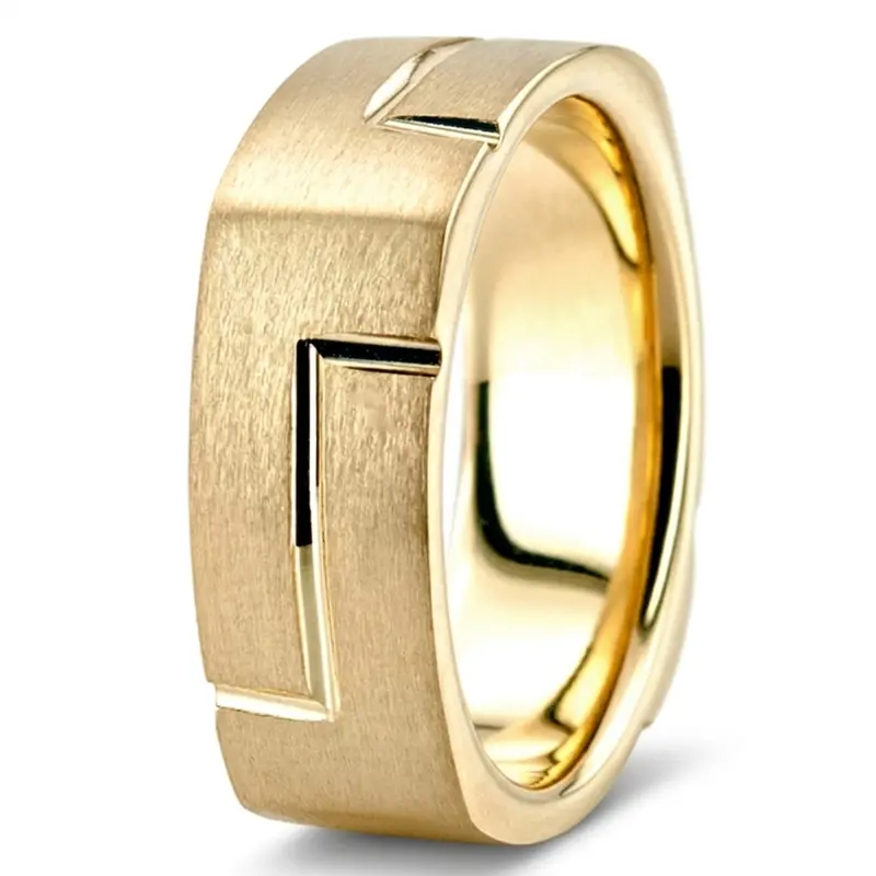 18K yellow gold 7.5mm. satin basic-carved-square-wedding-band - alternate view 3