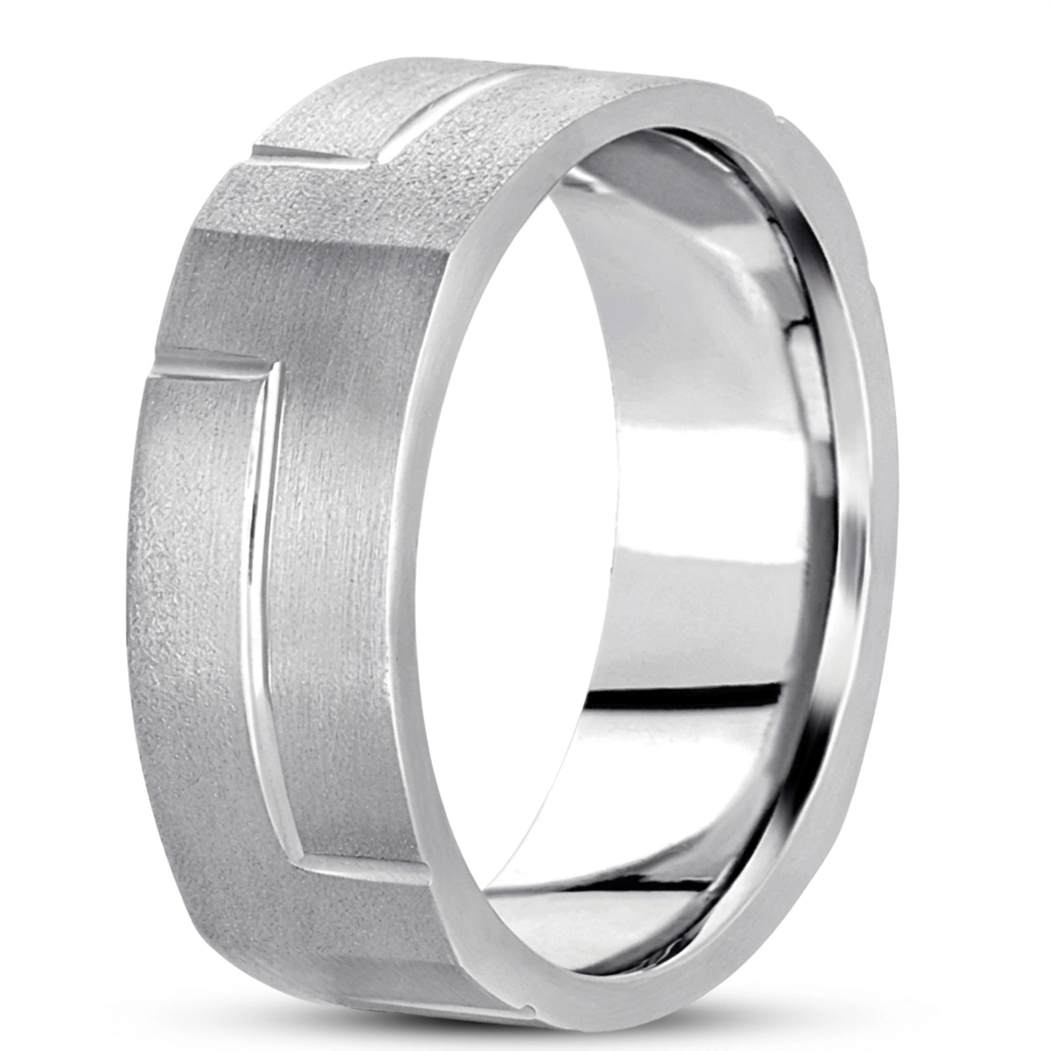 10K white gold 7.5mm. satin basic-carved-square-wedding-band - alternate view 4