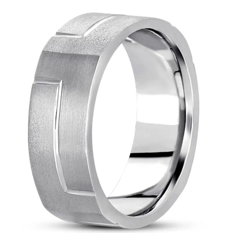 18K white gold 7.5mm. satin basic-carved-square-wedding-band - alternate view 4
