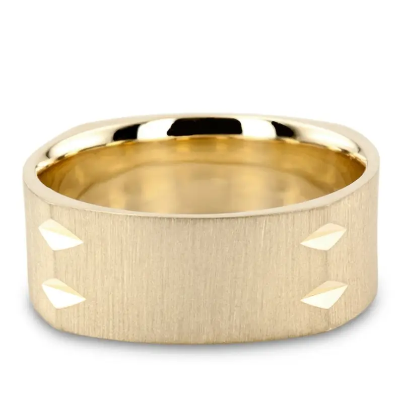 14K yellow gold 9mm. cross satin square-designer-wedding-rings - main view