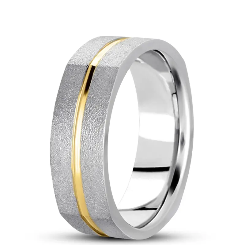 10K white-yellow-white gold 7mm. wire matte basic-carved-square-wedding-band - main view