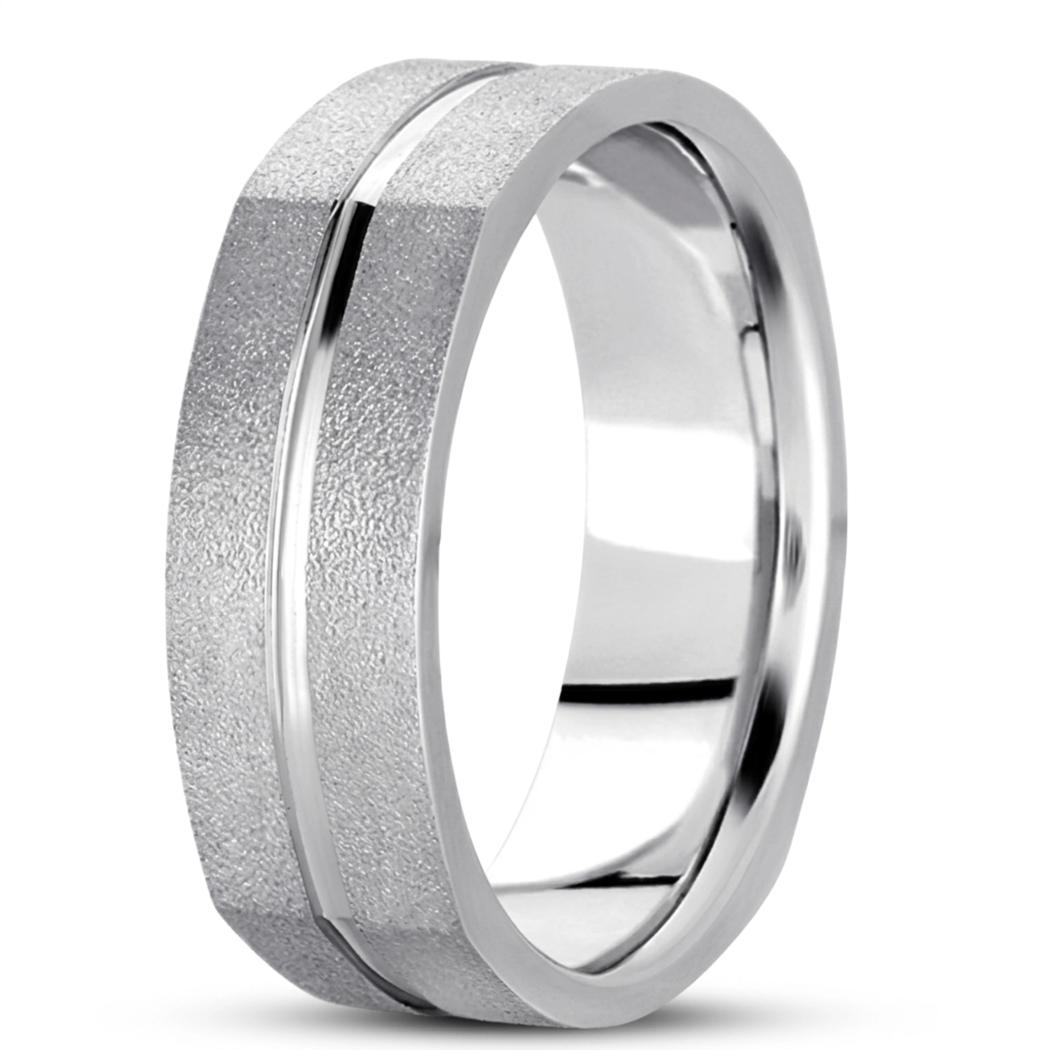 10K white gold 7mm. wire matte basic-carved-square-wedding-band - alternate view 2