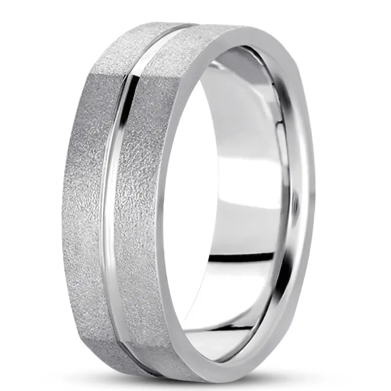 10K white gold 7mm. wire matte basic-carved-square-wedding-band - alternate view 2