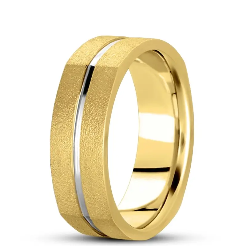 10K yellow-white-yellow gold 7mm. wire matte basic-carved-square-wedding-band - alternate view 4